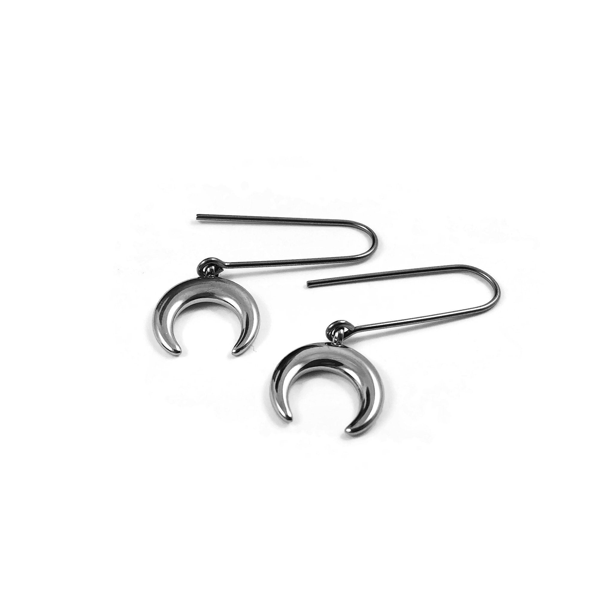 Crescent moon earrings, Pure implant grade niobium for sensitive ears, Minimalist threader earrings