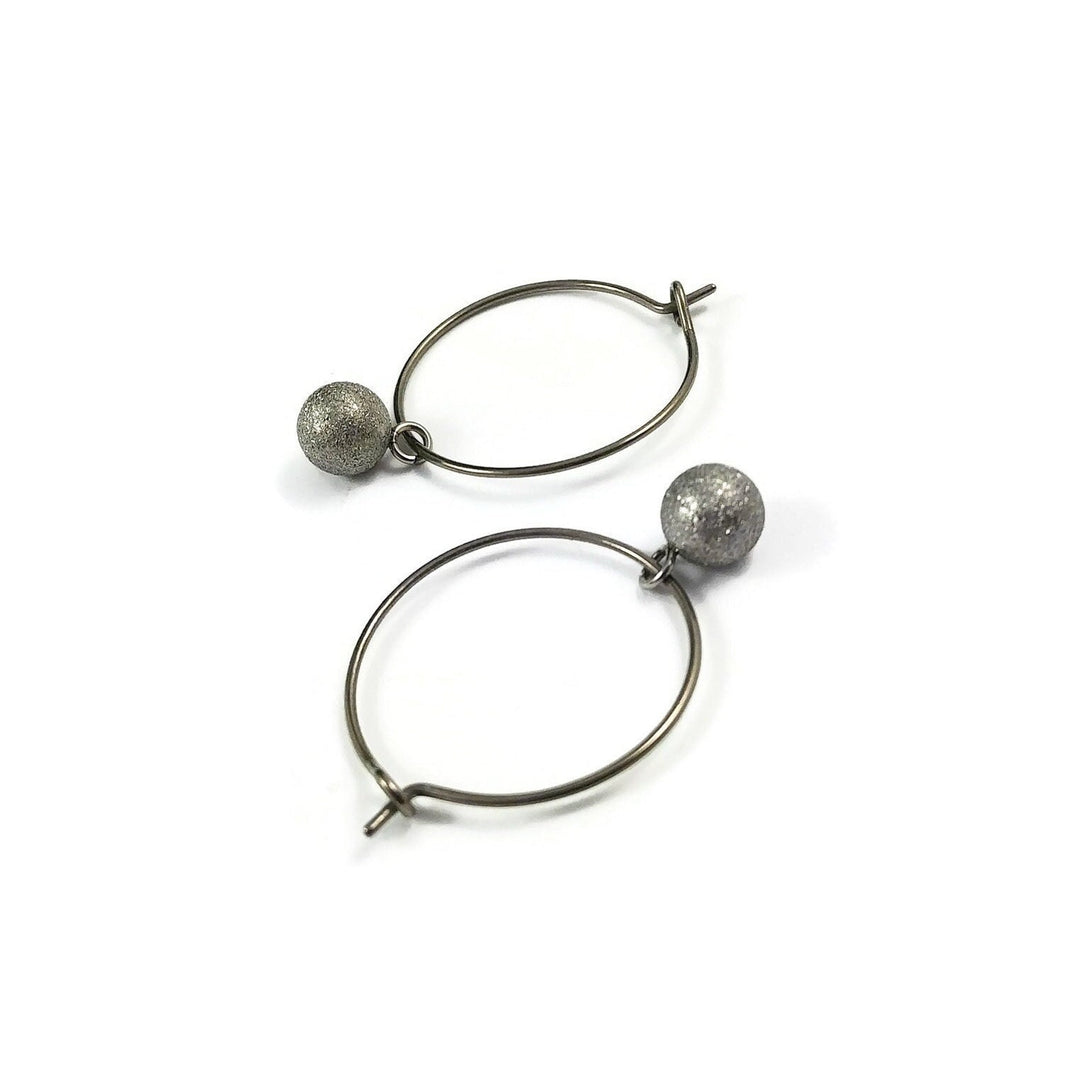 Titanium hoops with frosted ball charms, Hypoallergenic jewelry, Minimalist earrings for sensitive ears