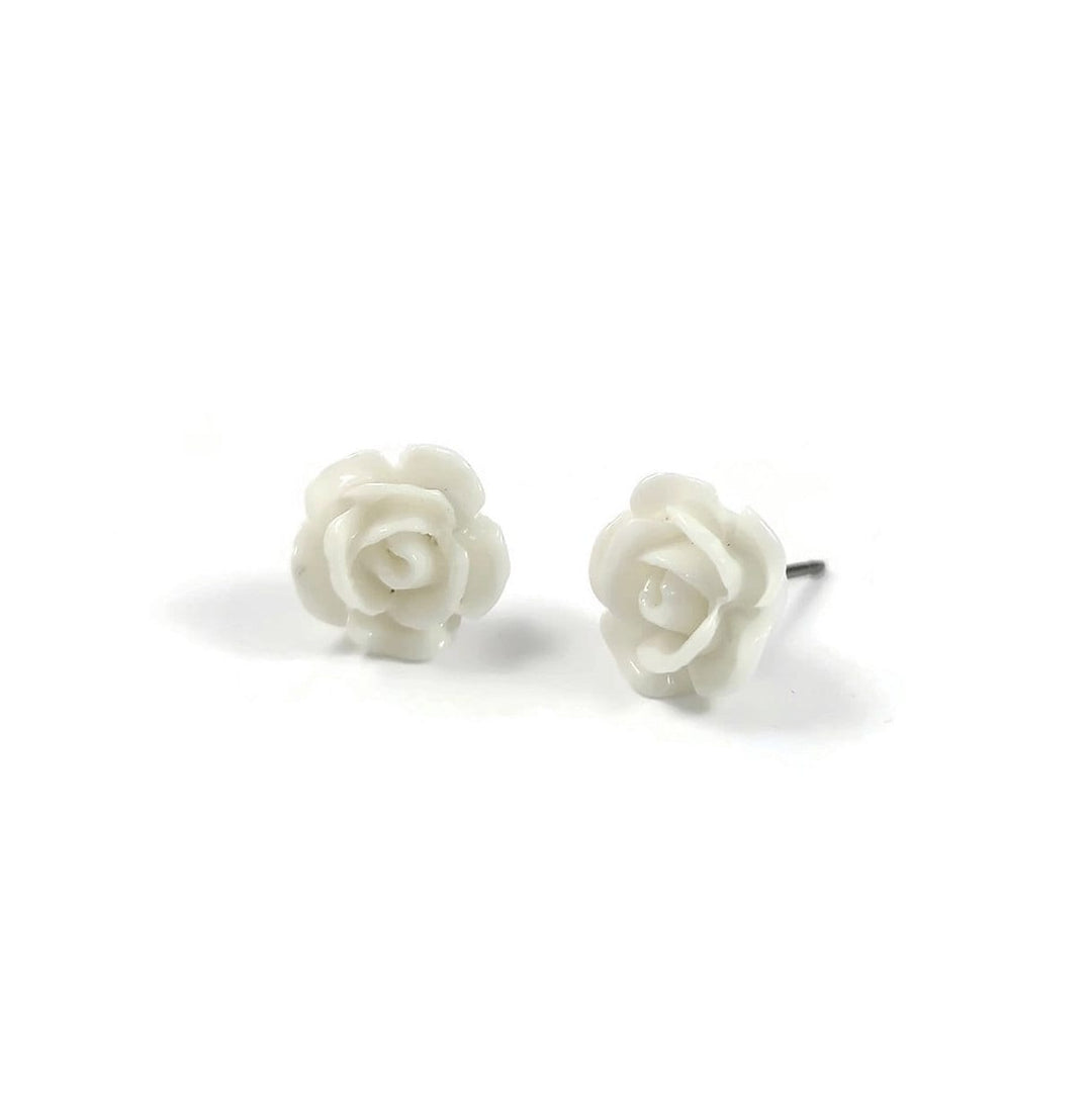 Flower stud earrings, Implant grade titanium earrings, Vintage rose resin jewelry