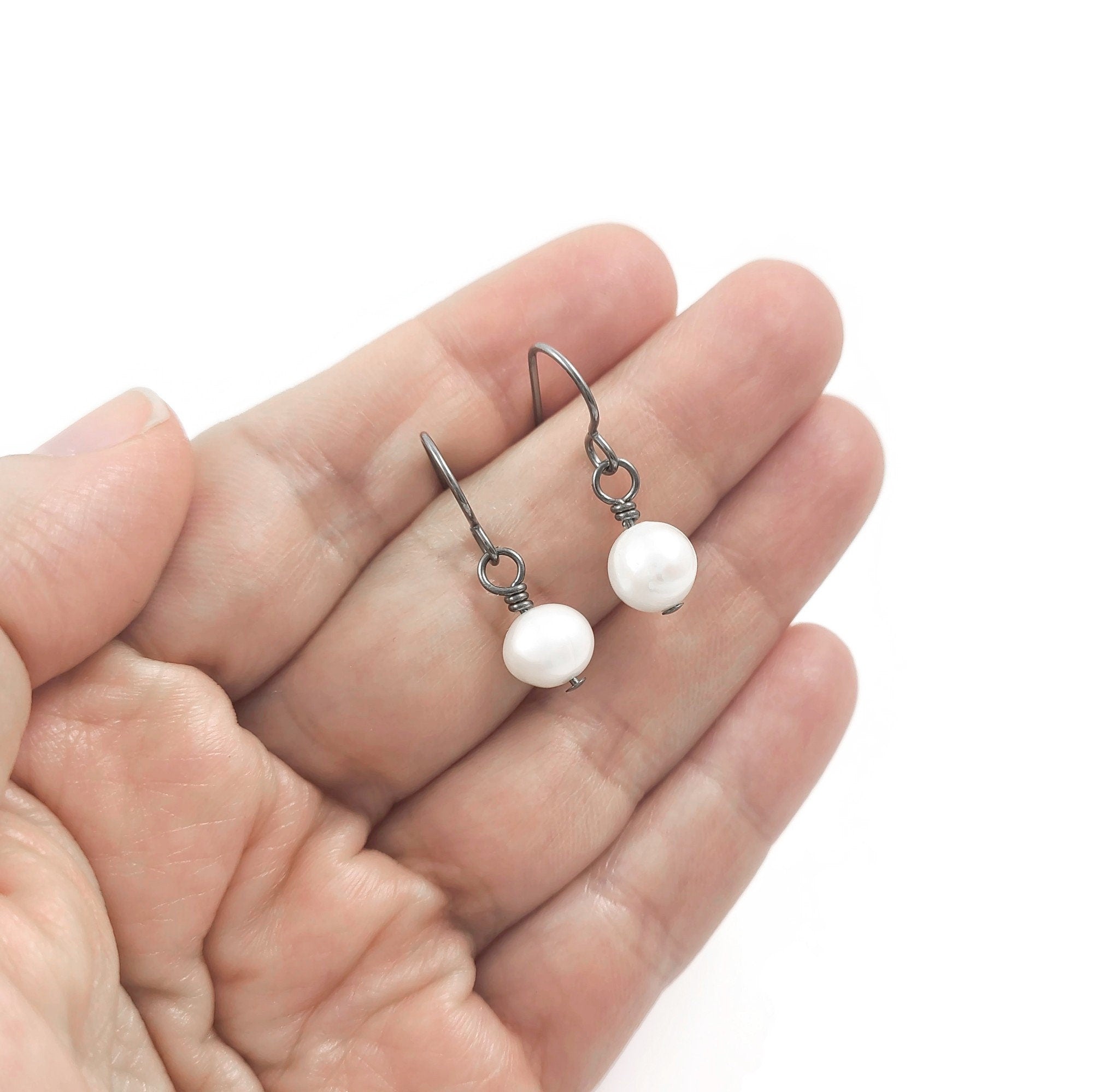 Real freshwater pearl drop earrings, Hypoallergenic implant grade pure titanium jewelry, Tarnish free