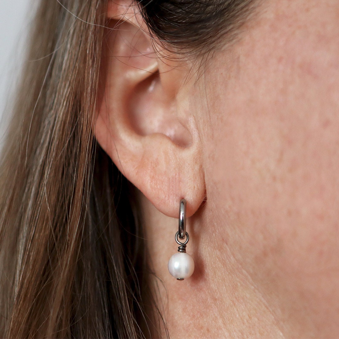 Drop pearl hoop earrings, Implant grade pure titanium jewelry for sensitive ears, Tarnish free