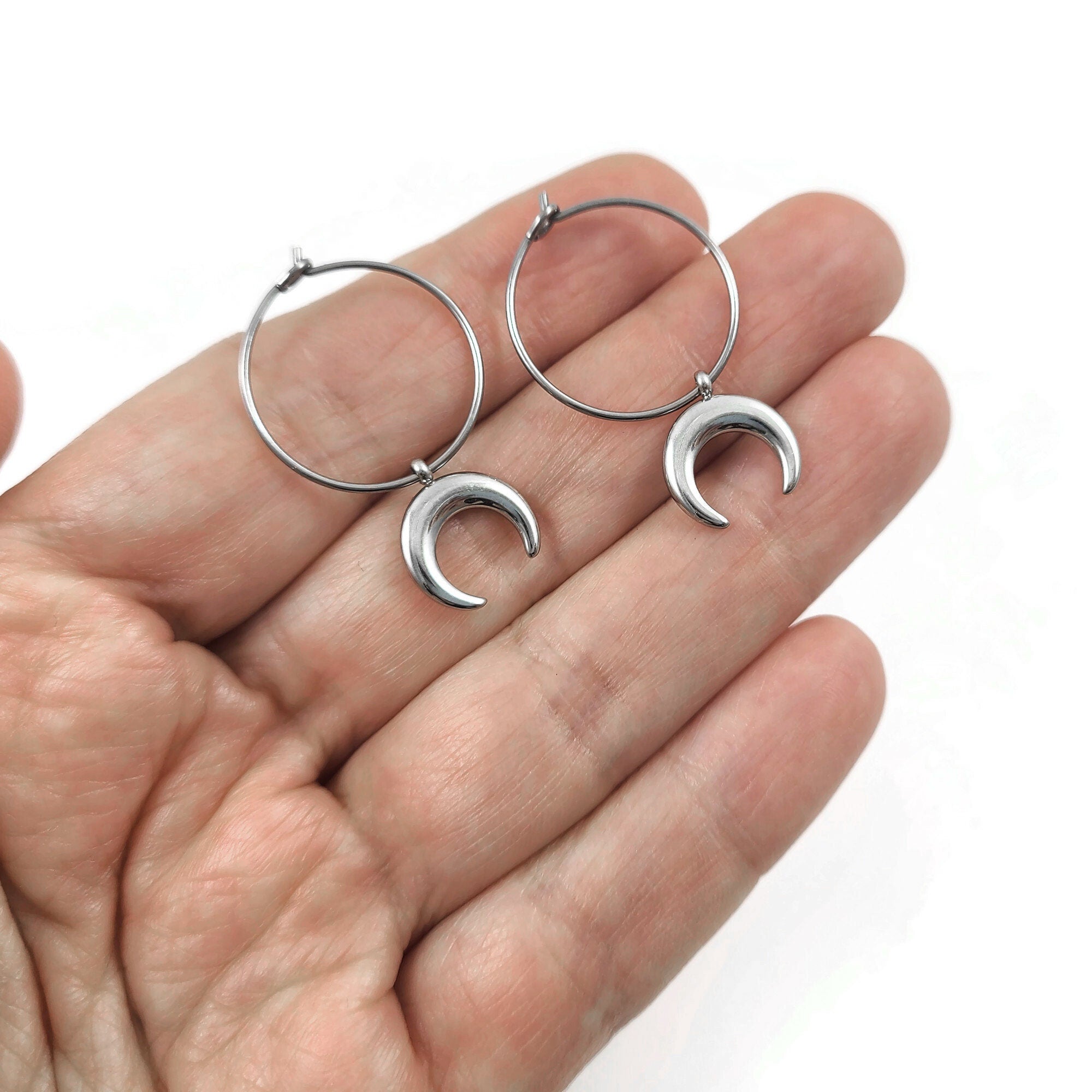 Moon hoop earrings Pure implant grade titanium for sensitive ears for rebel skin