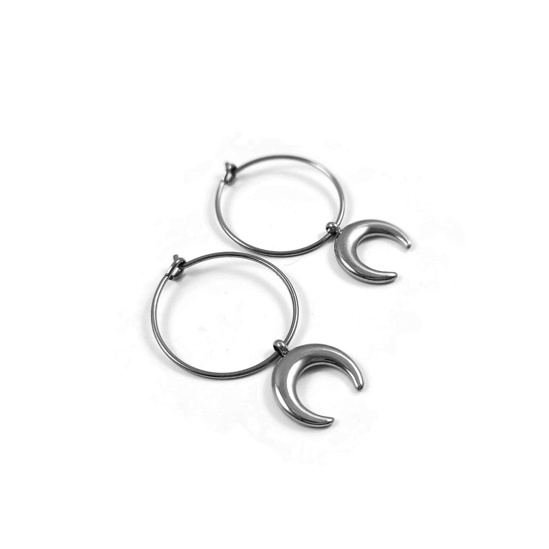 Moon hoop earrings, Pure implant grade titanium for sensitive ears, Minimalist celestial earrings