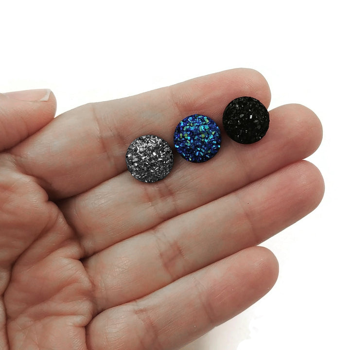 Druzy stud earrings, Hypoallergenic implant grade titanium jewelry, Sparkly resin earrings