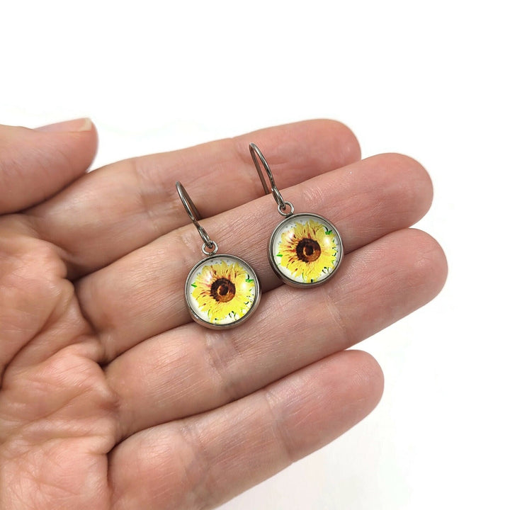 Sunflower earrings, Implant grade pure titanium jewelry, Cute everyday earrings