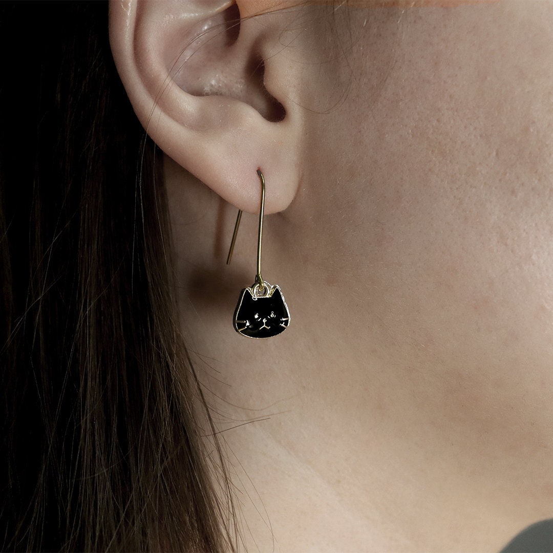 Dainty black cat earrings, Pure niobium dangle earrings, Hypoallergenic gold earrings, Fun gift for her
