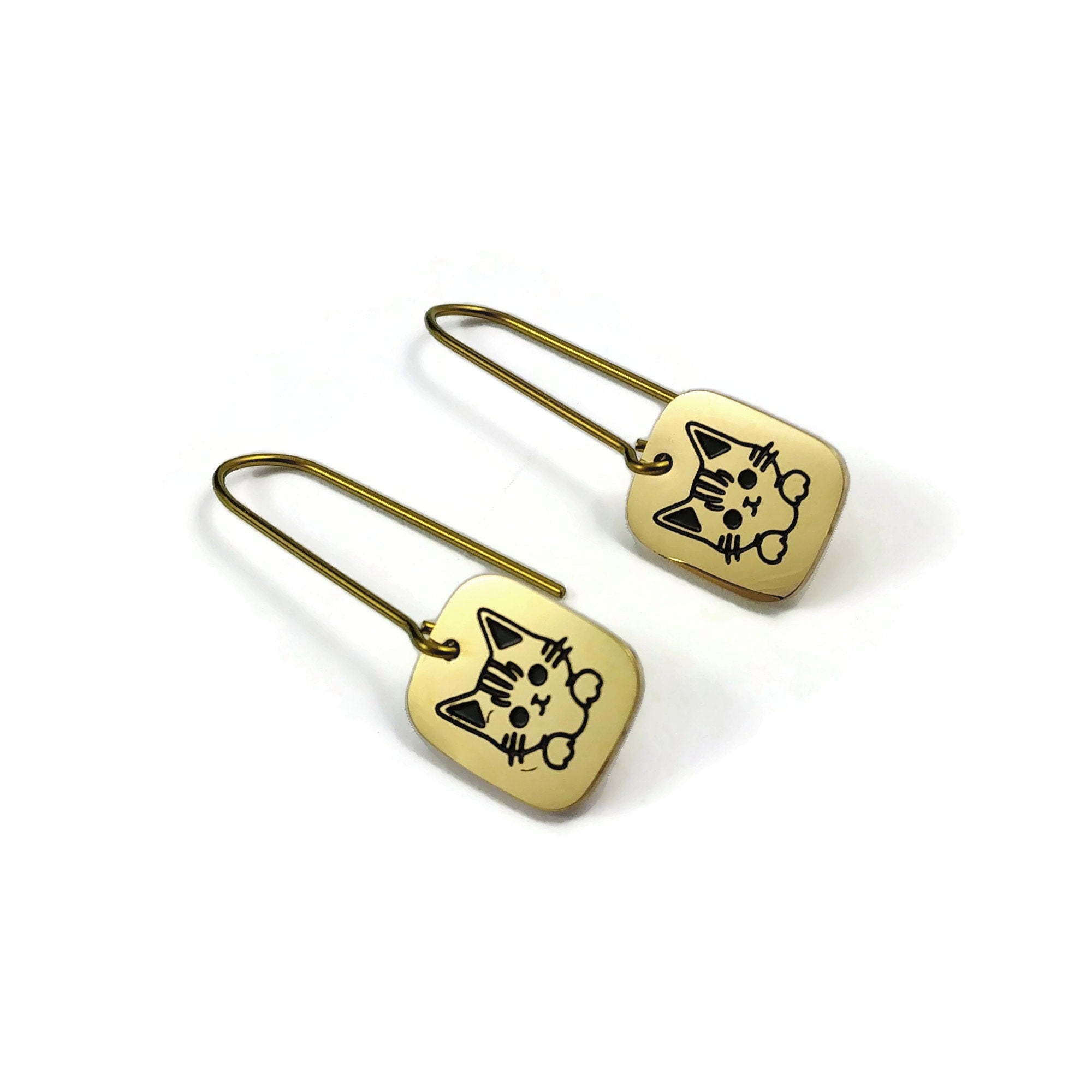 Dainty gold cat earrings, Pure niobium dangle earrings, Hypoallergenic jewelry, Fun gift for her