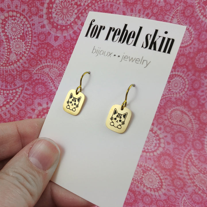Dainty gold cat earrings, Pure niobium dangle earrings, Hypoallergenic jewelry, Fun gift for her