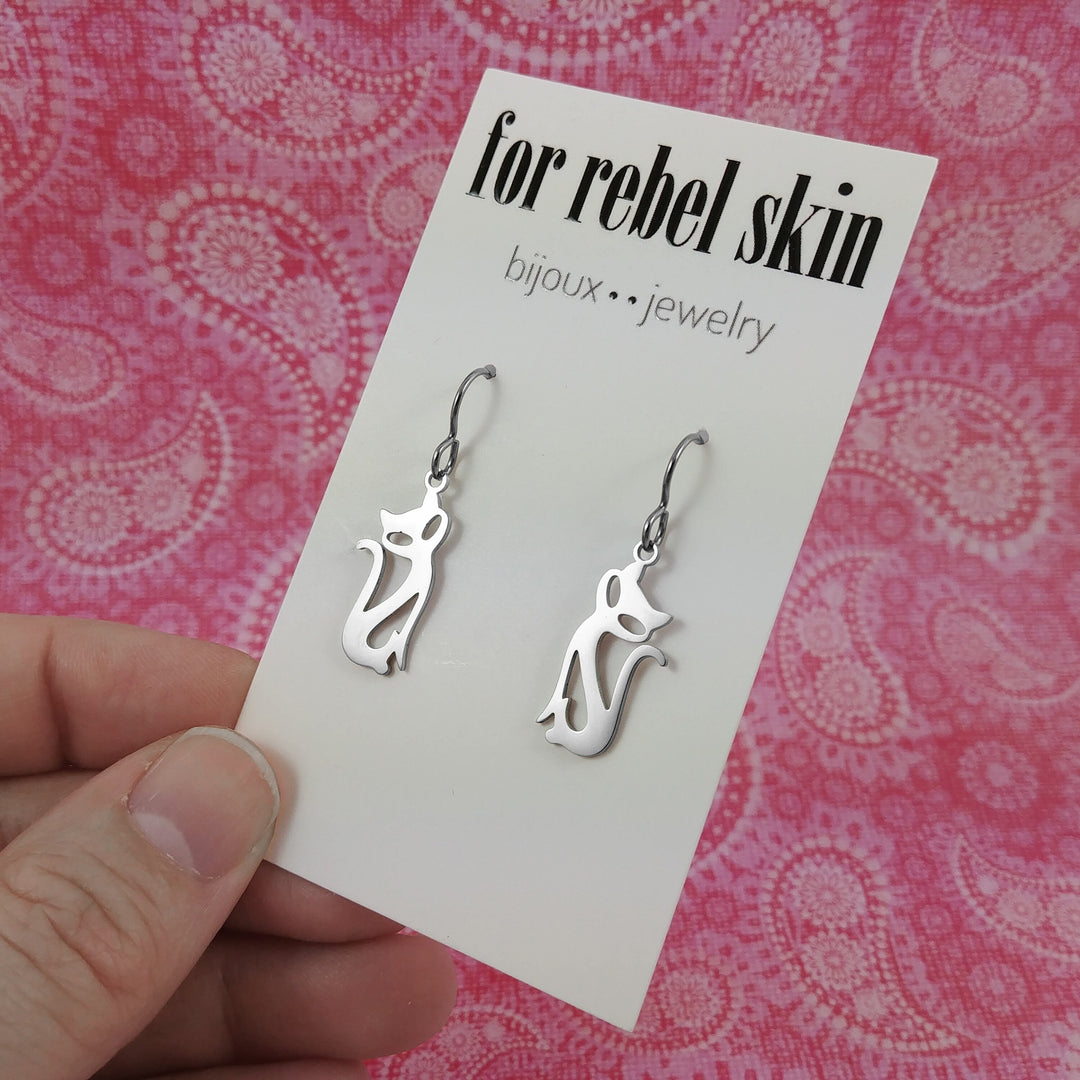 Cat dangle earrings, Implant grade pure titanium, Hypoallergenic silver earrings, Fun gift for her