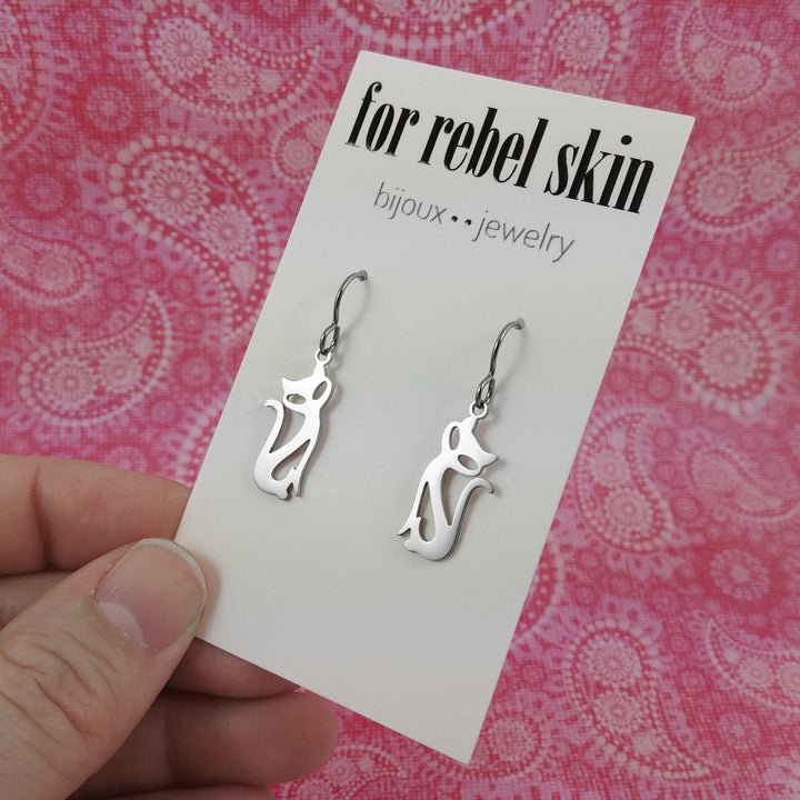 Cat dangle earrings, Implant grade pure titanium, Hypoallergenic silver earrings, Fun gift for her