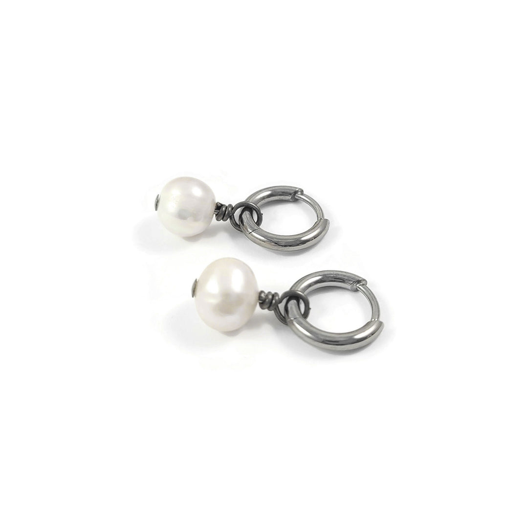 Drop pearl hoop earrings, Implant grade pure titanium jewelry for sensitive ears, Tarnish free