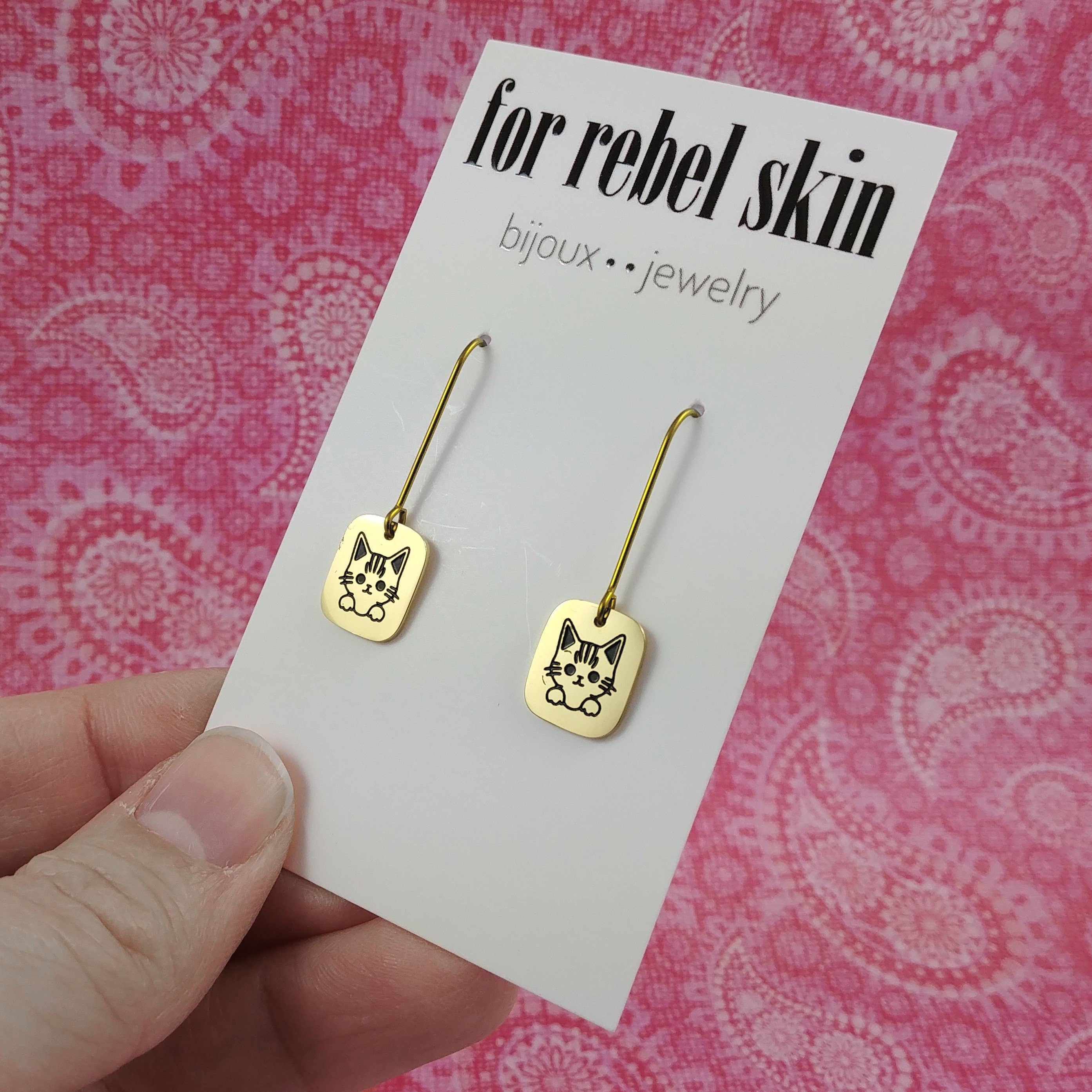 Dainty gold cat earrings, Pure niobium dangle earrings, Hypoallergenic jewelry, Fun gift for her