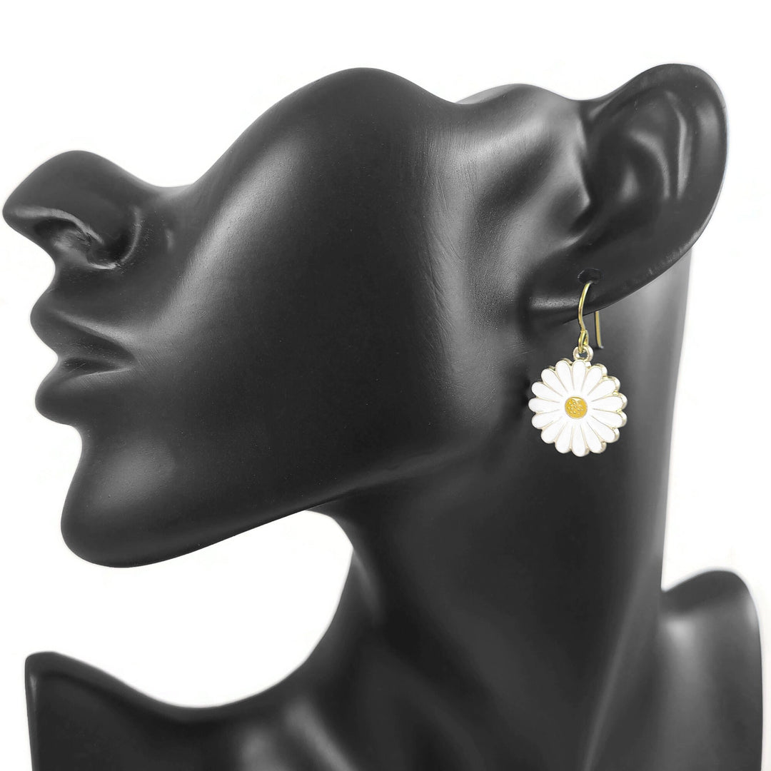 Daisy earrings, Hypoallergenic niobium, White and gold jewelry, Cute floral gift