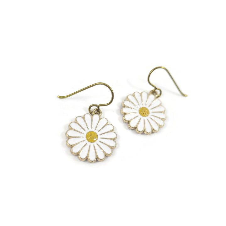 Daisy earrings, Hypoallergenic niobium, White and gold jewelry, Cute floral gift
