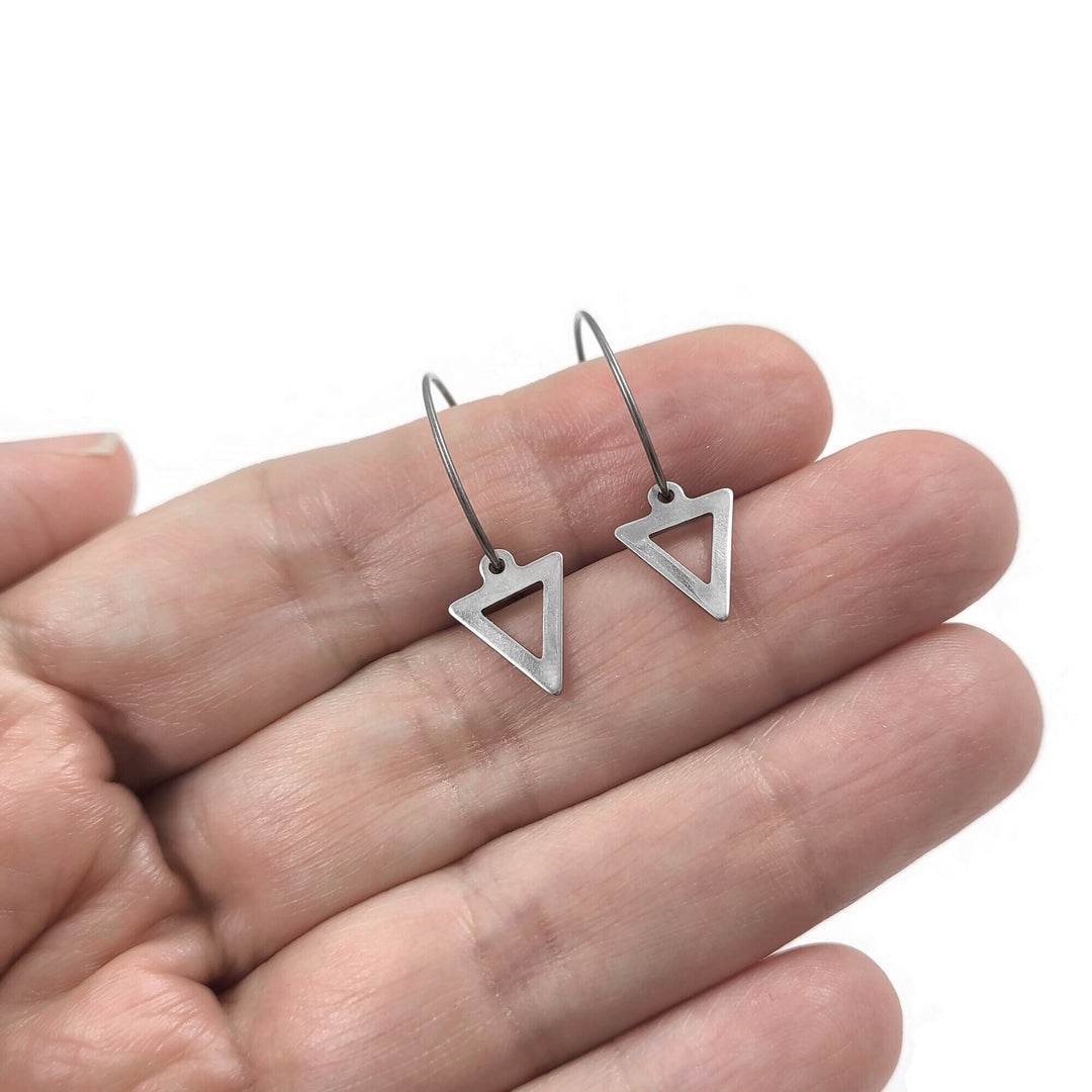 Triangle hoop earrings, Pure implant grade titanium for sensitive ears, Minimalist geometric earrings