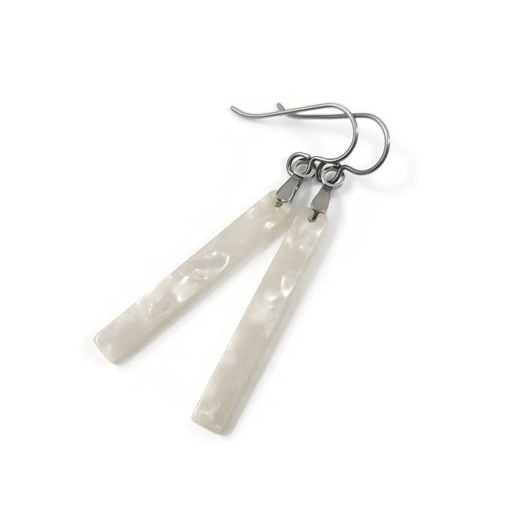 White titanium earrings, Dangle bar resin earrings, Simple aesthetic long earrings, Nickel free minimalist jewelry