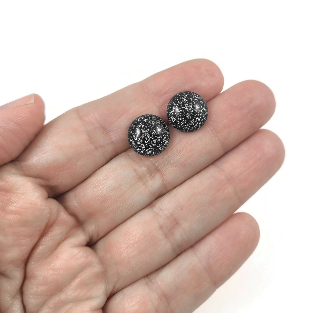 Black titanium stud earrings, Hypoallergenic implant grade jewelry, Glitter resin cabochon earrings