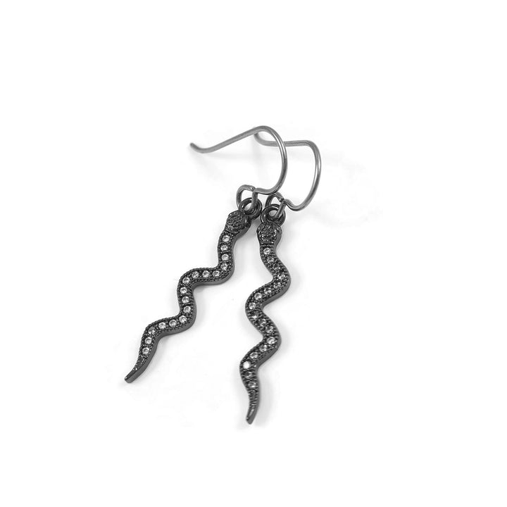 Dangle snake earrings, Black snake earrings, Implant grade titanium for sensitive ears