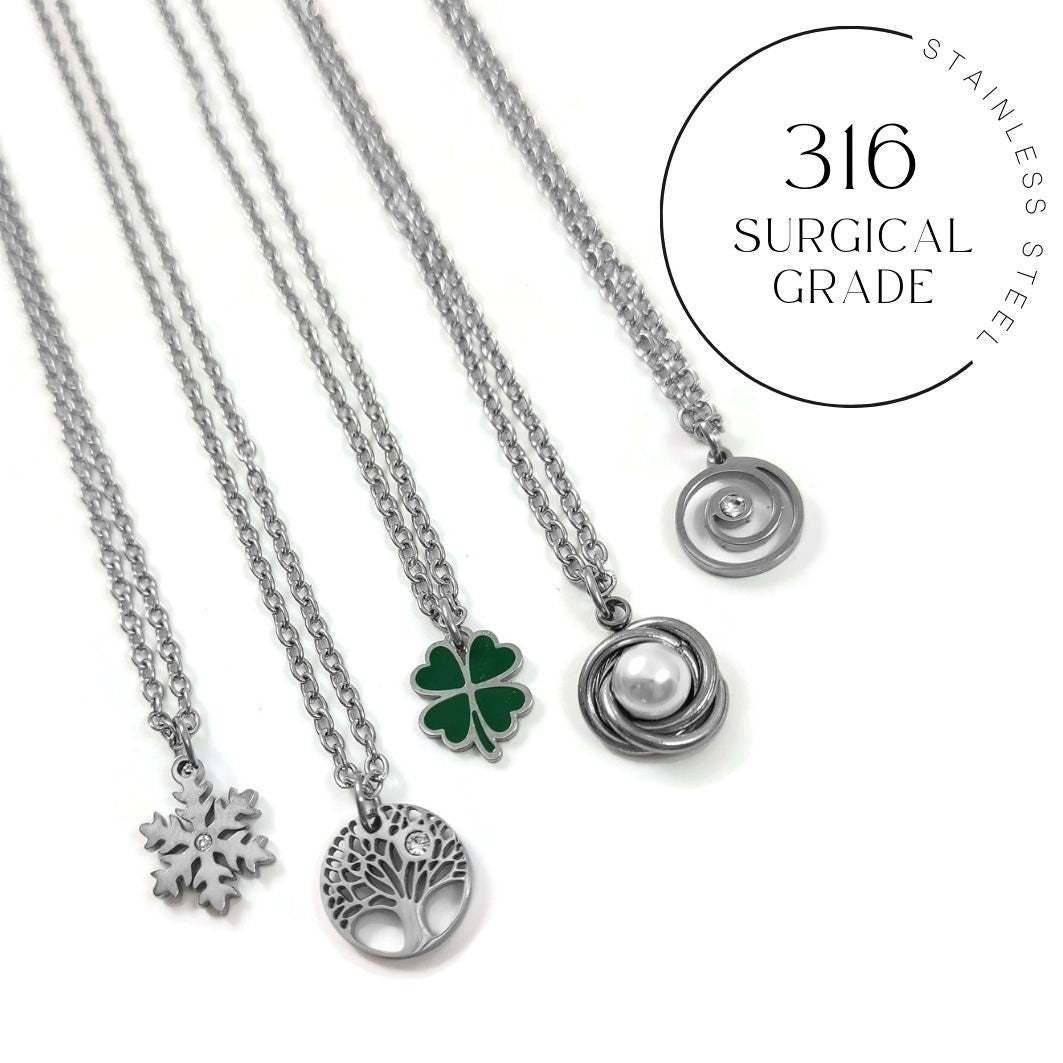 Four leaf clover necklace, Hypoallergenic surgical steel, Lucky
