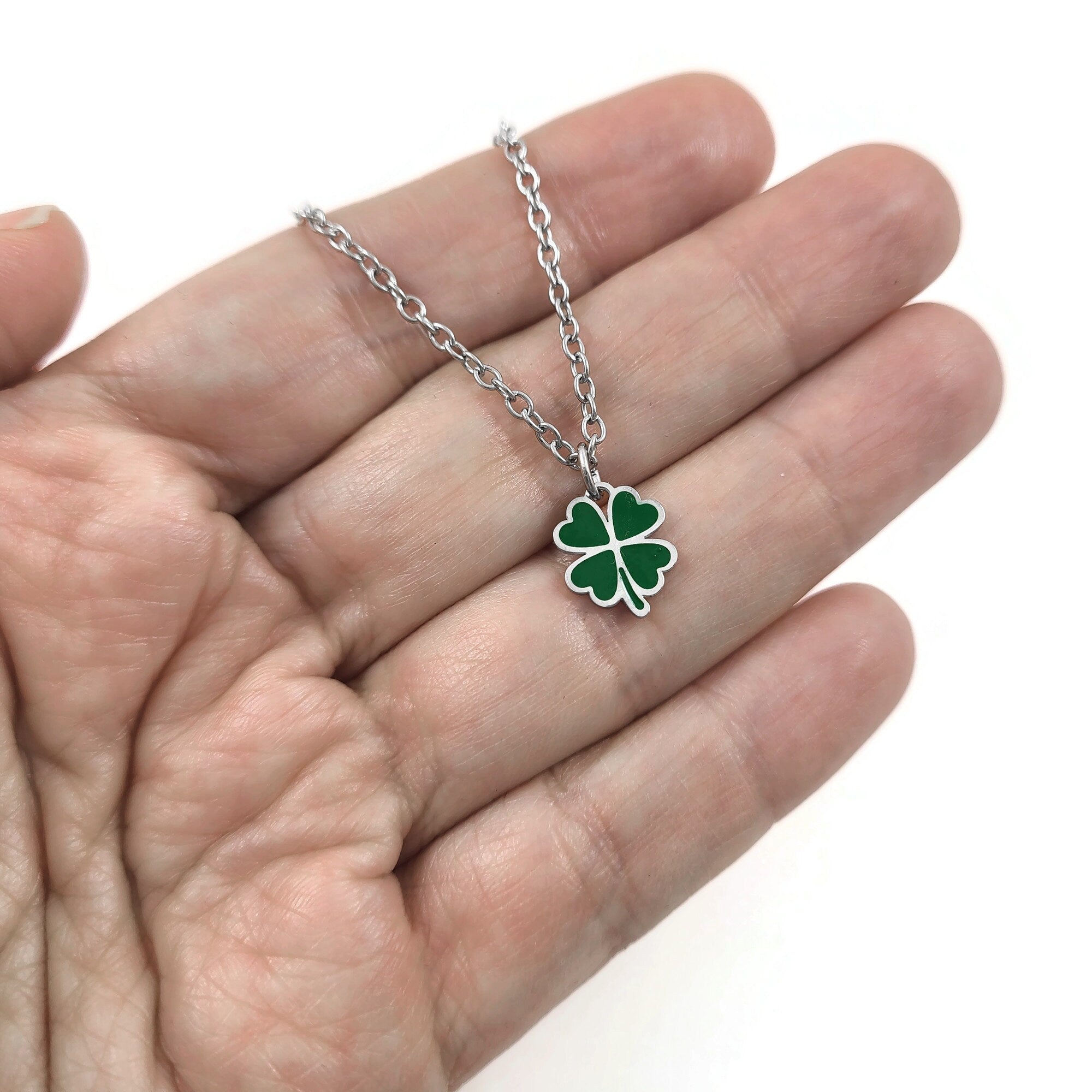 Four leaf clover necklace, Hypoallergenic surgical steel, Lucky