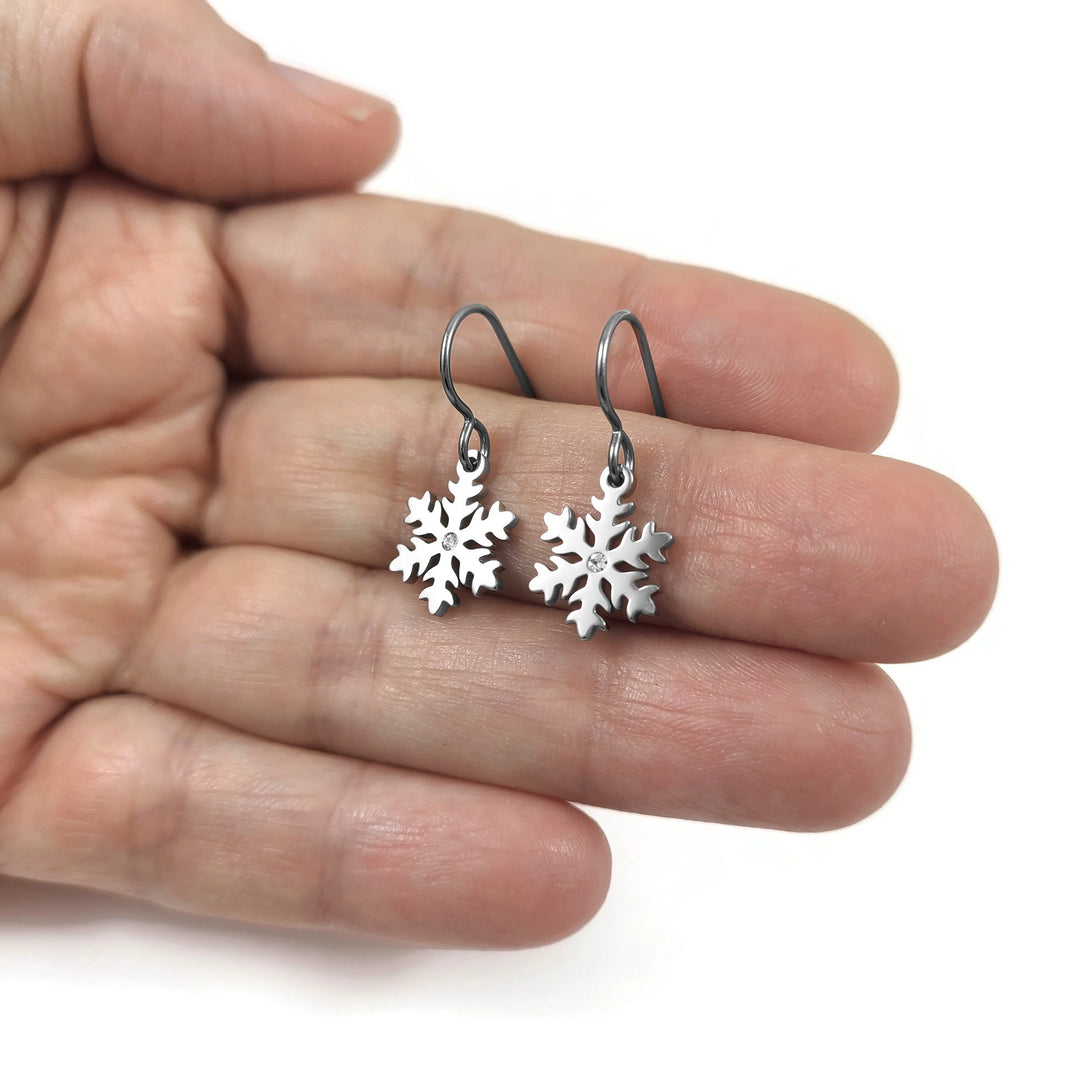 Dainty snowflace earrings, Hypoallergenic titanium and surgical steel, Waterproof non tarnish jewelry, Winter gift for her