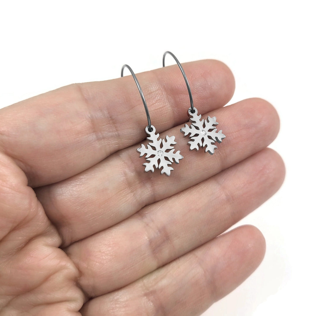 Snowflace hoop earrings, Hypoallergenic titanium and surgical steel, Waterproof non tarnish jewelry, Winter gift for her