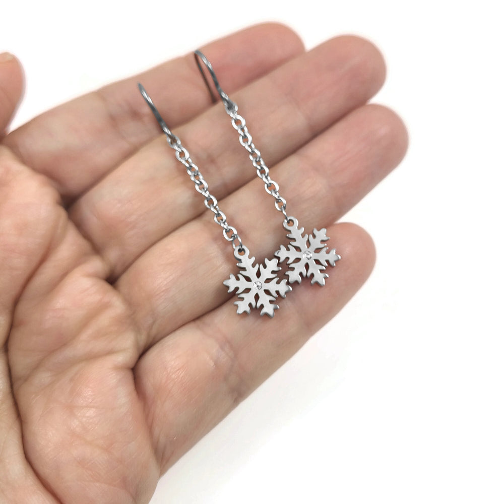 Snowflake chain earrings, Hypoallergenic titanium and surgical steel, Waterproof non tarnish jewelry, Winter gift for her
