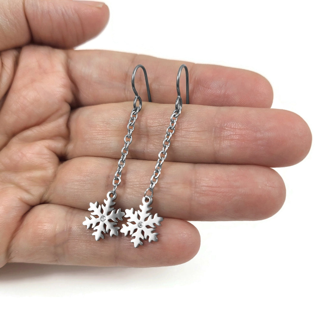 Snowflake chain earrings, Hypoallergenic titanium and surgical steel, Waterproof non tarnish jewelry, Winter gift for her