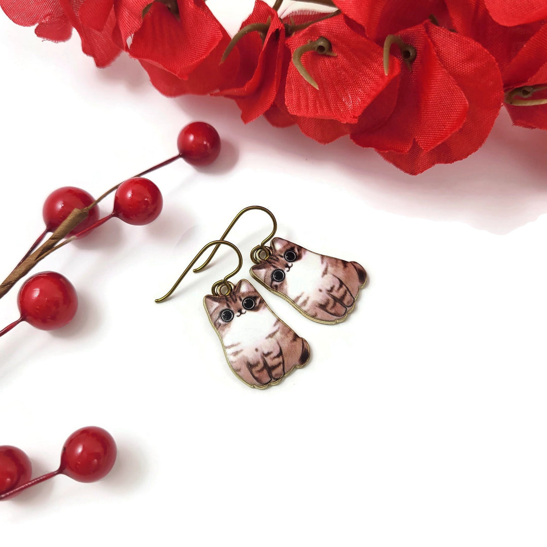 Cat earrings, Pure niobium dangle earrings, Hypoallergenic gold jewelry, Fun cat lover gift ideas
