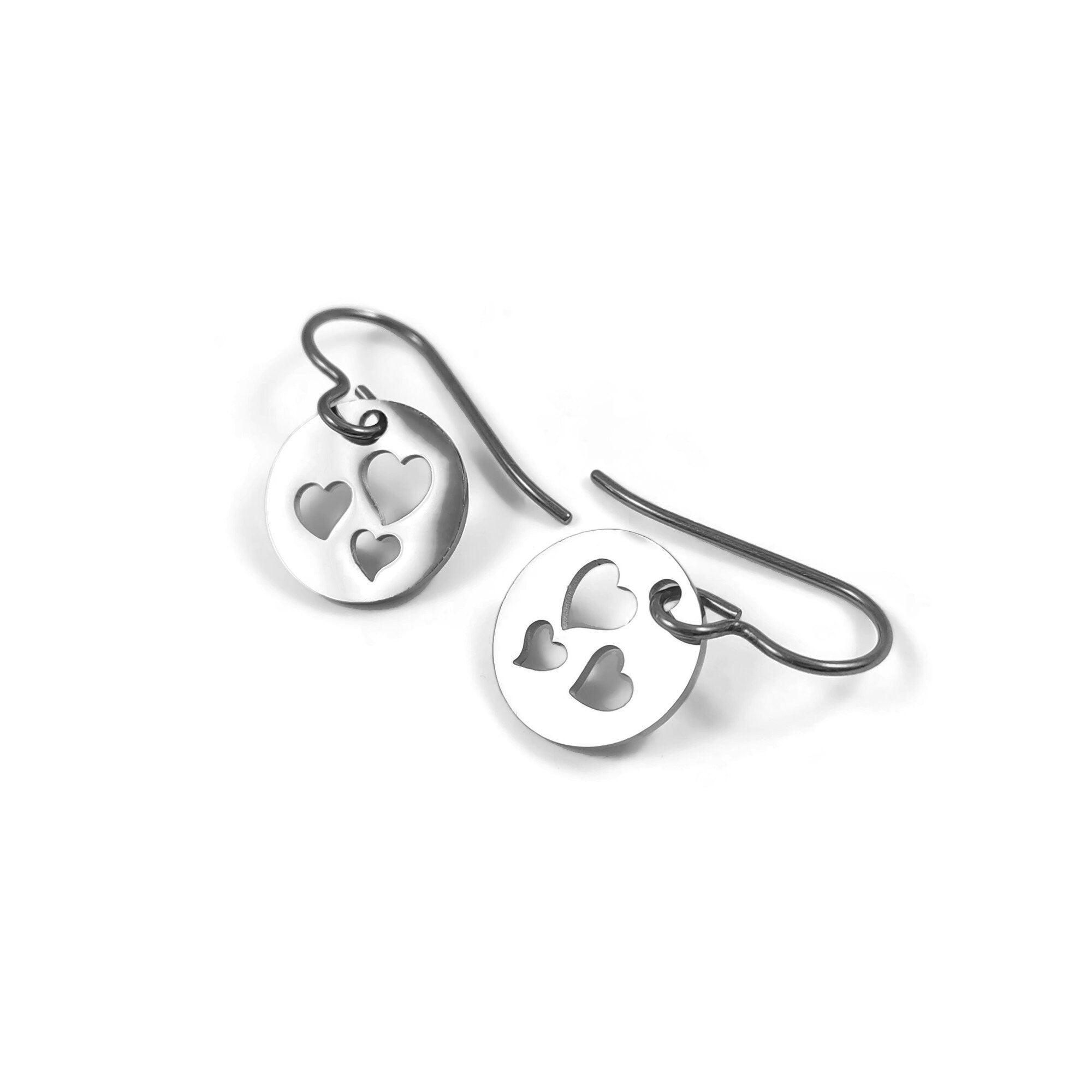 Heart drop earrings, Hypoallergenic pure titanium, Cute Valentine gift