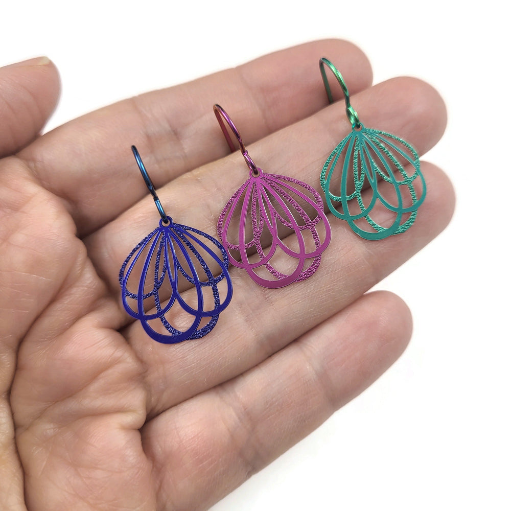 Floral niobium earrings, Blue, Pink, Green filigree drop earrings, Lightweight everyday flower jewelry