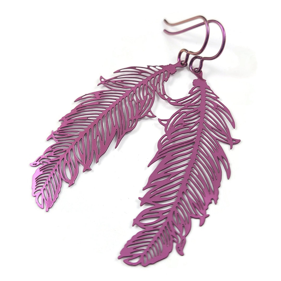 Feather niobium earrings, Hypoallergenic niobium jewelry, Colorful filigree dangle earrings