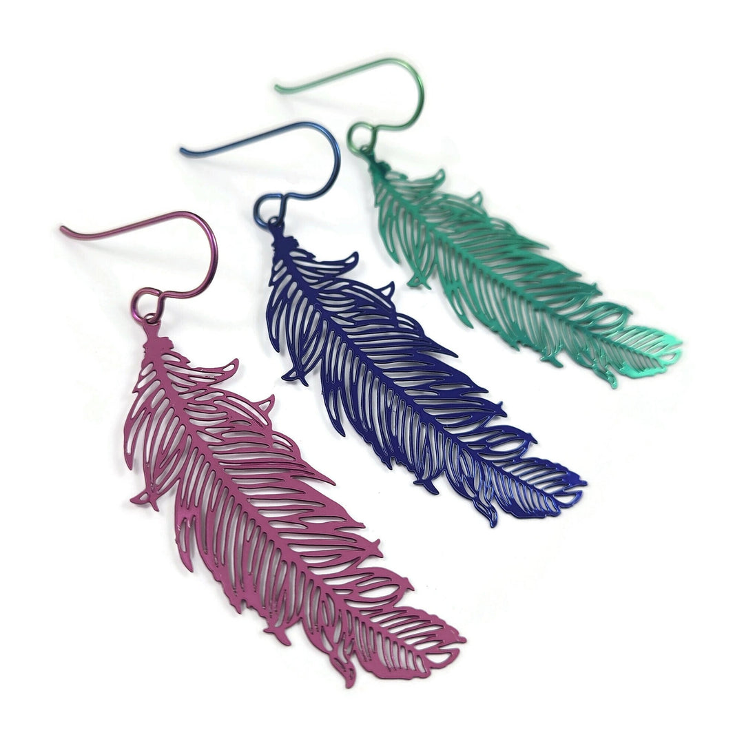 Feather niobium earrings, Hypoallergenic niobium jewelry, Colorful filigree dangle earrings