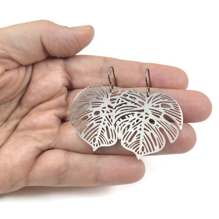 Palm leaf earrings, Silver hollow titanium earrings, Lightweight tropical earrings, Monstera plant lover gift idea
