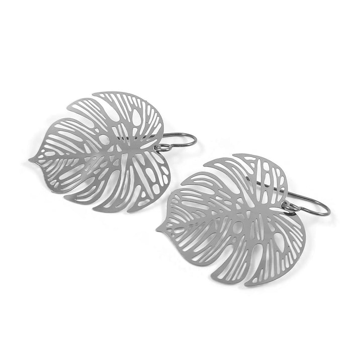 Palm leaf earrings, Silver hollow titanium earrings, Lightweight tropical earrings, Monstera plant lover gift idea