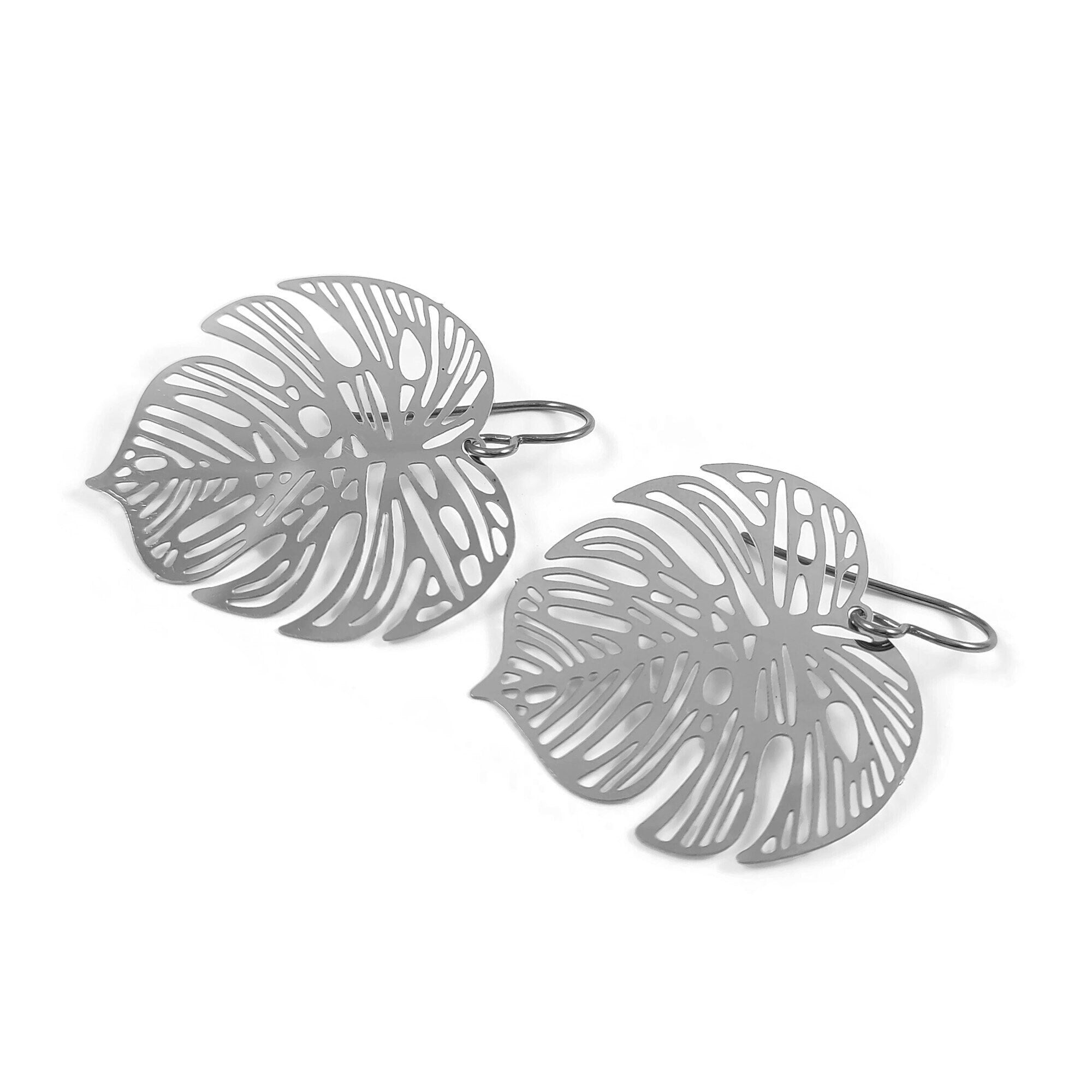 Palm leaf earrings, Silver hollow titanium earrings, Lightweight tropical earrings, Monstera plant lover gift idea