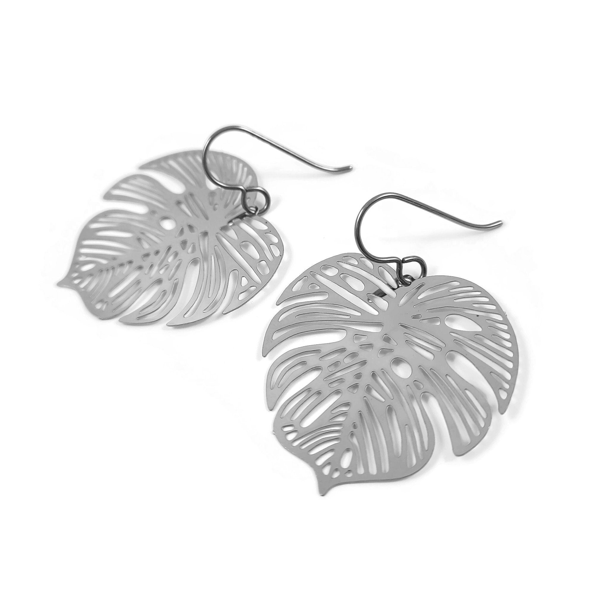 Palm leaf earrings, Silver hollow titanium earrings, Lightweight tropical earrings, Monstera plant lover gift idea