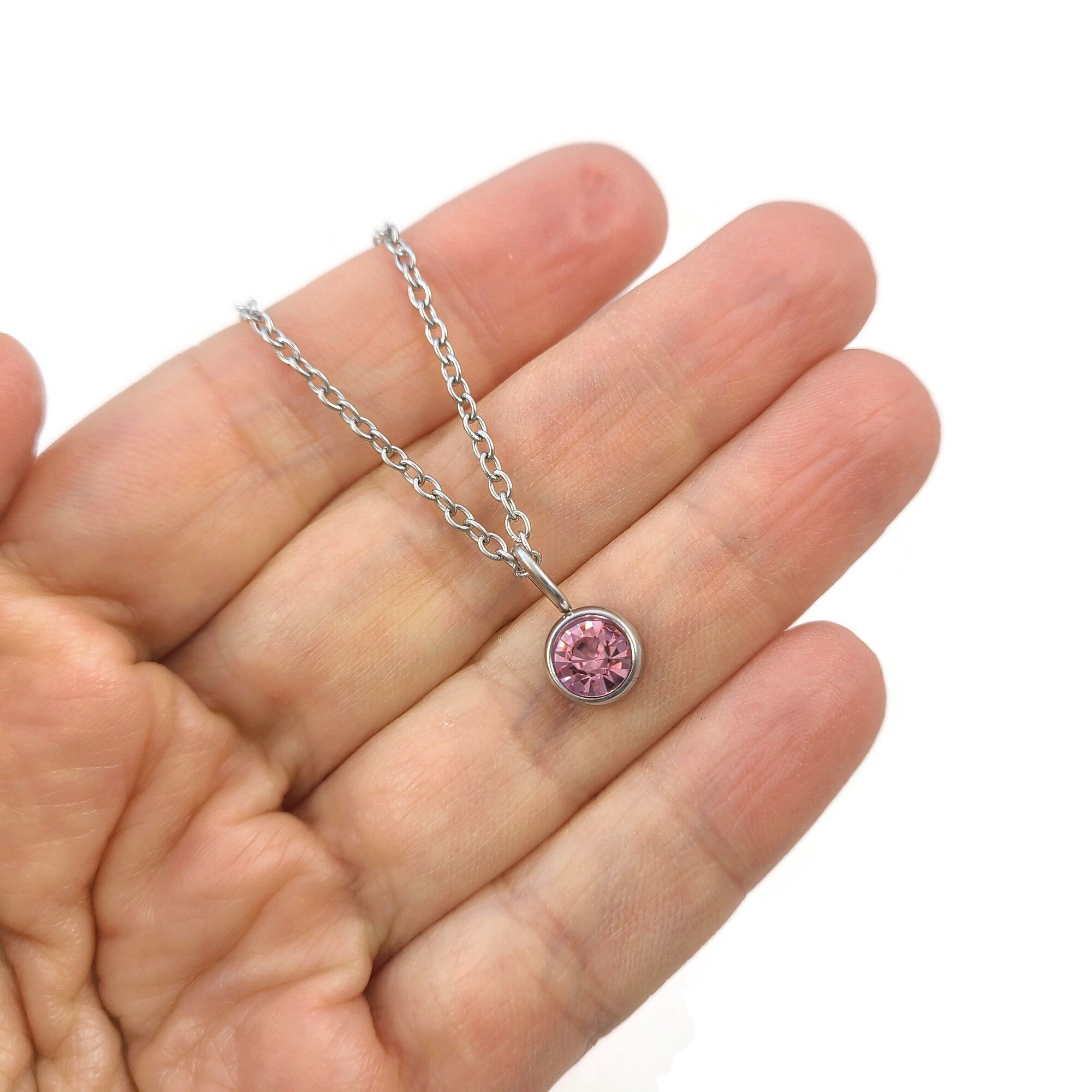 Birthstone necklace, Hypoallergenic surgical steel, Waterproof non tarnish jewelry, Dainty silver chain, Gift for her