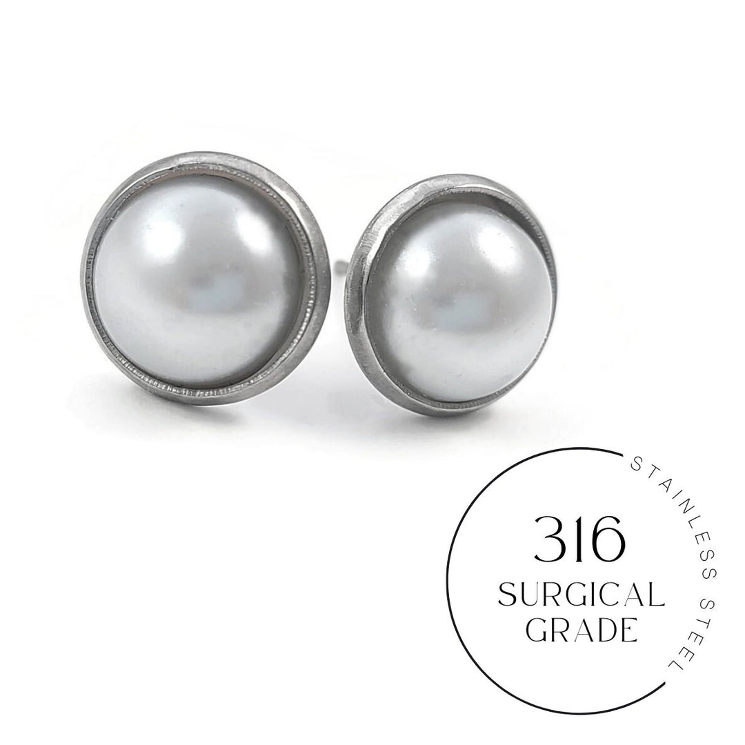 Pearly stud earrings, Hypoallergenic surgical stainless steel, White plastic pearl jewelry