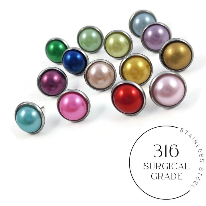 Colorful pearly stud earrings, Hypoallergenic surgical stainless steel, Plastic pearl jewelry
