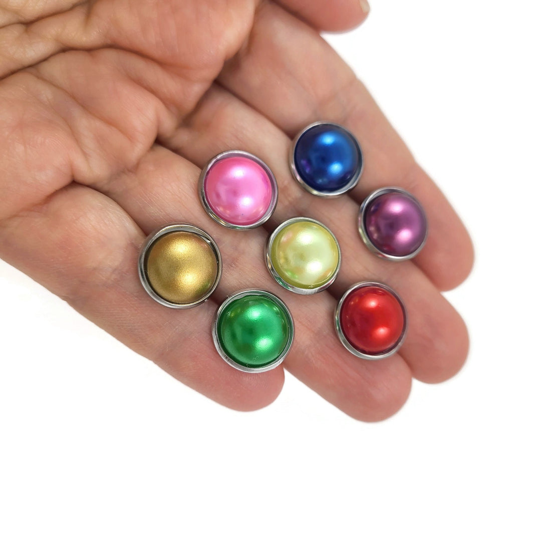 Colorful pearly stud earrings, Hypoallergenic surgical stainless steel, Plastic pearl jewelry