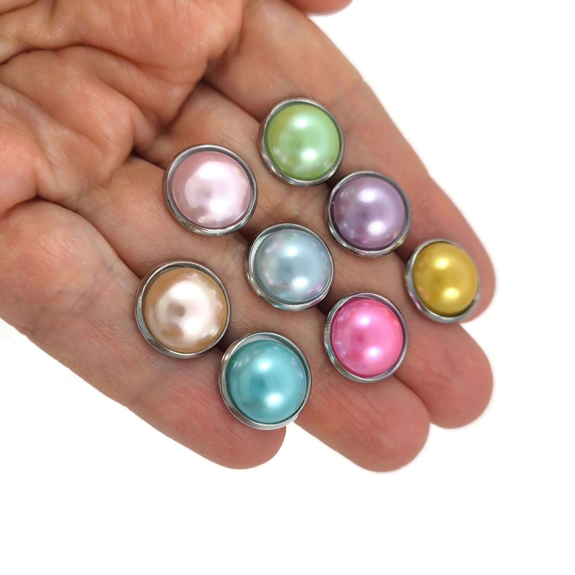 Colorful pearly stud earrings, Hypoallergenic surgical stainless steel, Plastic pearl jewelry